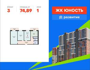 3-к квартира, вторичка, 75м2, 1/24 этаж