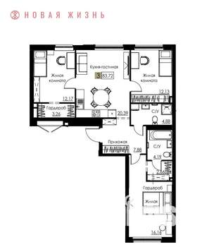 3-к квартира, вторичка, 84м2, 3/8 этаж
