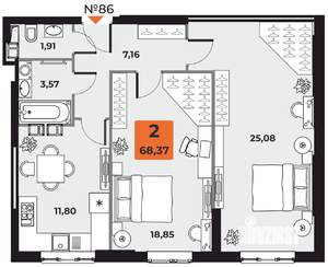 2-к квартира, вторичка, 68м2, 16/23 этаж