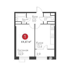 1-к квартира, строящийся дом, 44м2, 19/19 этаж