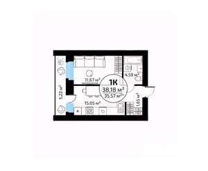 1-к квартира, вторичка, 38м2, 3/18 этаж