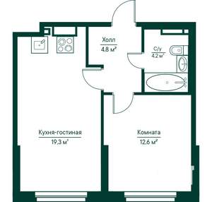 2-к квартира, строящийся дом, 41м2, 13/29 этаж