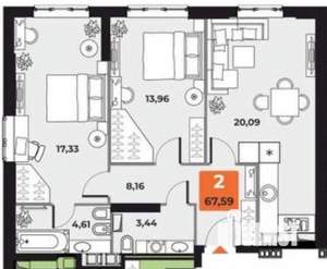 2-к квартира, вторичка, 66м2, 18/23 этаж