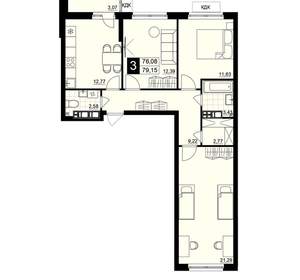 3-к квартира, строящийся дом, 78м2, 5/15 этаж