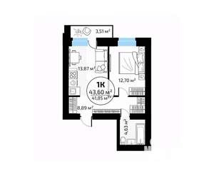 1-к квартира, вторичка, 44м2, 10/18 этаж