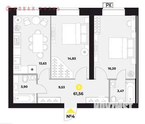 2-к квартира, вторичка, 63м2, 7/16 этаж
