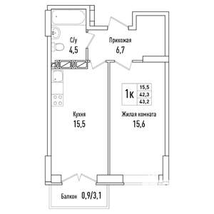 1-к квартира, вторичка, 43м2, 6/6 этаж