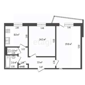 2-к квартира, вторичка, 54м2, 6/9 этаж