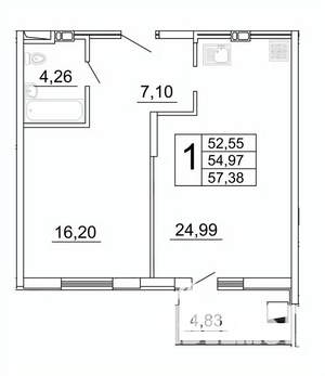 1-к квартира, строящийся дом, 57м2, 15/27 этаж