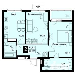 2-к квартира, вторичка, 64м2, 11/19 этаж