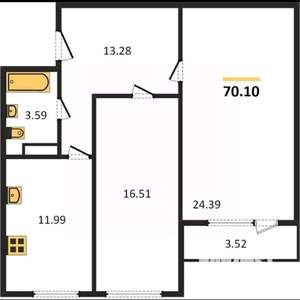 2-к квартира, вторичка, 70м2, 23/25 этаж