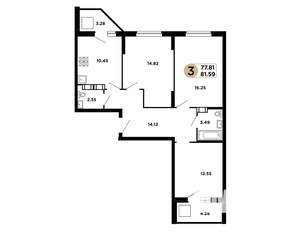 3-к квартира, строящийся дом, 80м2, 21/25 этаж