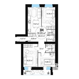 3-к квартира, вторичка, 93м2, 4/16 этаж