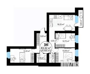 3-к квартира, вторичка, 83м2, 3/18 этаж