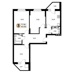 3-к квартира, строящийся дом, 77м2, 24/26 этаж