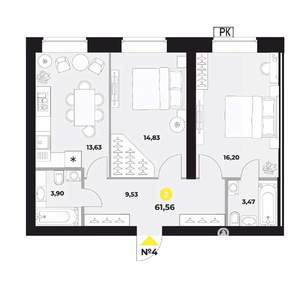 2-к квартира, вторичка, 63м2, 2/16 этаж