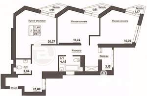 2-к квартира, строящийся дом, 89м2, 15/21 этаж