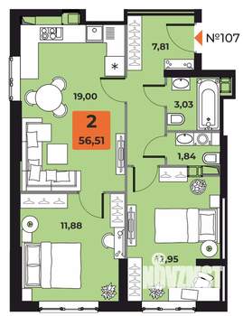 2-к квартира, вторичка, 57м2, 19/23 этаж