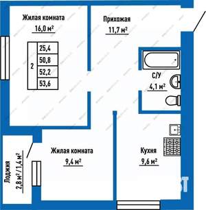 2-к квартира, строящийся дом, 52м2, 10/16 этаж