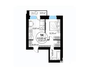 1-к квартира, вторичка, 44м2, 6/18 этаж