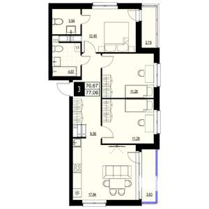 3-к квартира, вторичка, 74м2, 12/18 этаж