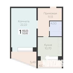 1-к квартира, строящийся дом, 53м2, 6/10 этаж