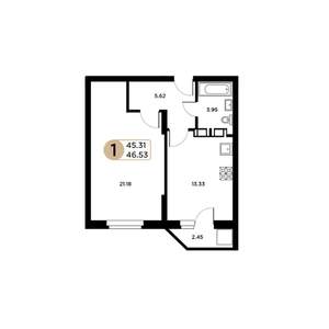 1-к квартира, строящийся дом, 45м2, 10/26 этаж