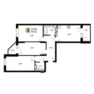 3-к квартира, строящийся дом, 74м2, 19/26 этаж