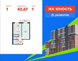 1-к квартира, вторичка, 43м2, 1/24 этаж