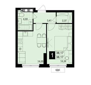 1-к квартира, строящийся дом, 38м2, 3/15 этаж