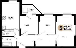 2-к квартира, строящийся дом, 64м2, 21/25 этаж