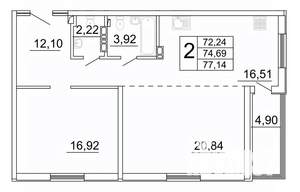 2-к квартира, строящийся дом, 78м2, 19/27 этаж