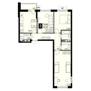 3-к квартира, строящийся дом, 78м2, 3/15 этаж