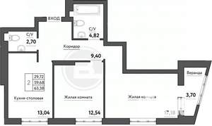 2-к квартира, строящийся дом, 63м2, 11/21 этаж