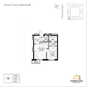 1-к квартира, вторичка, 45м2, 7/8 этаж