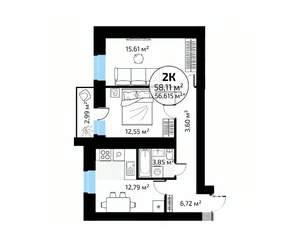 2-к квартира, вторичка, 58м2, 15/18 этаж