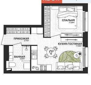 1-к квартира, вторичка, 37м2, 6/21 этаж