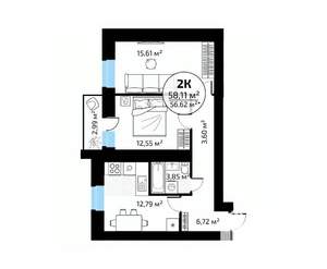 2-к квартира, вторичка, 58м2, 17/18 этаж