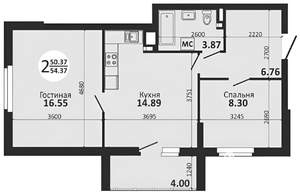 2-к квартира, вторичка, 51м2, 25/25 этаж