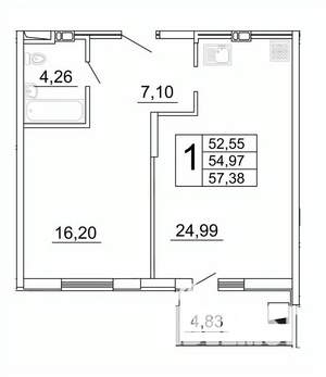 1-к квартира, строящийся дом, 57м2, 14/27 этаж