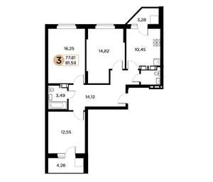 3-к квартира, строящийся дом, 78м2, 18/26 этаж