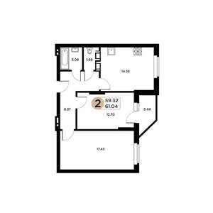 2-к квартира, строящийся дом, 59м2, 2/26 этаж
