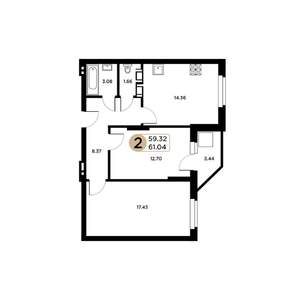 2-к квартира, строящийся дом, 61м2, 20/26 этаж