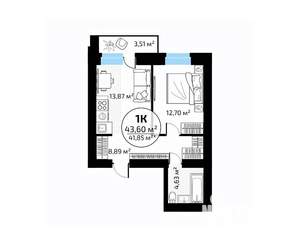 1-к квартира, вторичка, 44м2, 15/18 этаж