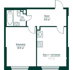 1-к квартира, строящийся дом, 42м2, 2/29 этаж