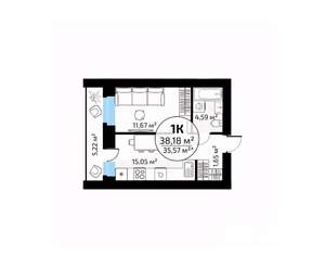 1-к квартира, вторичка, 38м2, 15/18 этаж