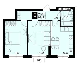 2-к квартира, строящийся дом, 55м2, 3/15 этаж