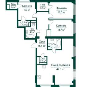4-к квартира, строящийся дом, 118м2, 25/29 этаж