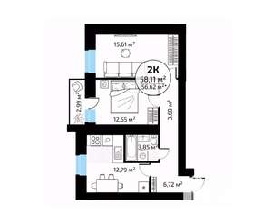 2-к квартира, вторичка, 57м2, 2/18 этаж