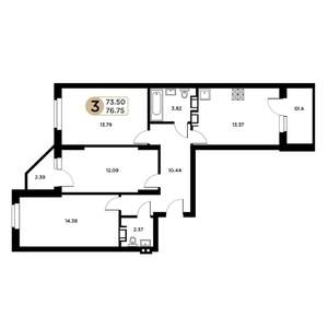 3-к квартира, строящийся дом, 75м2, 2/26 этаж